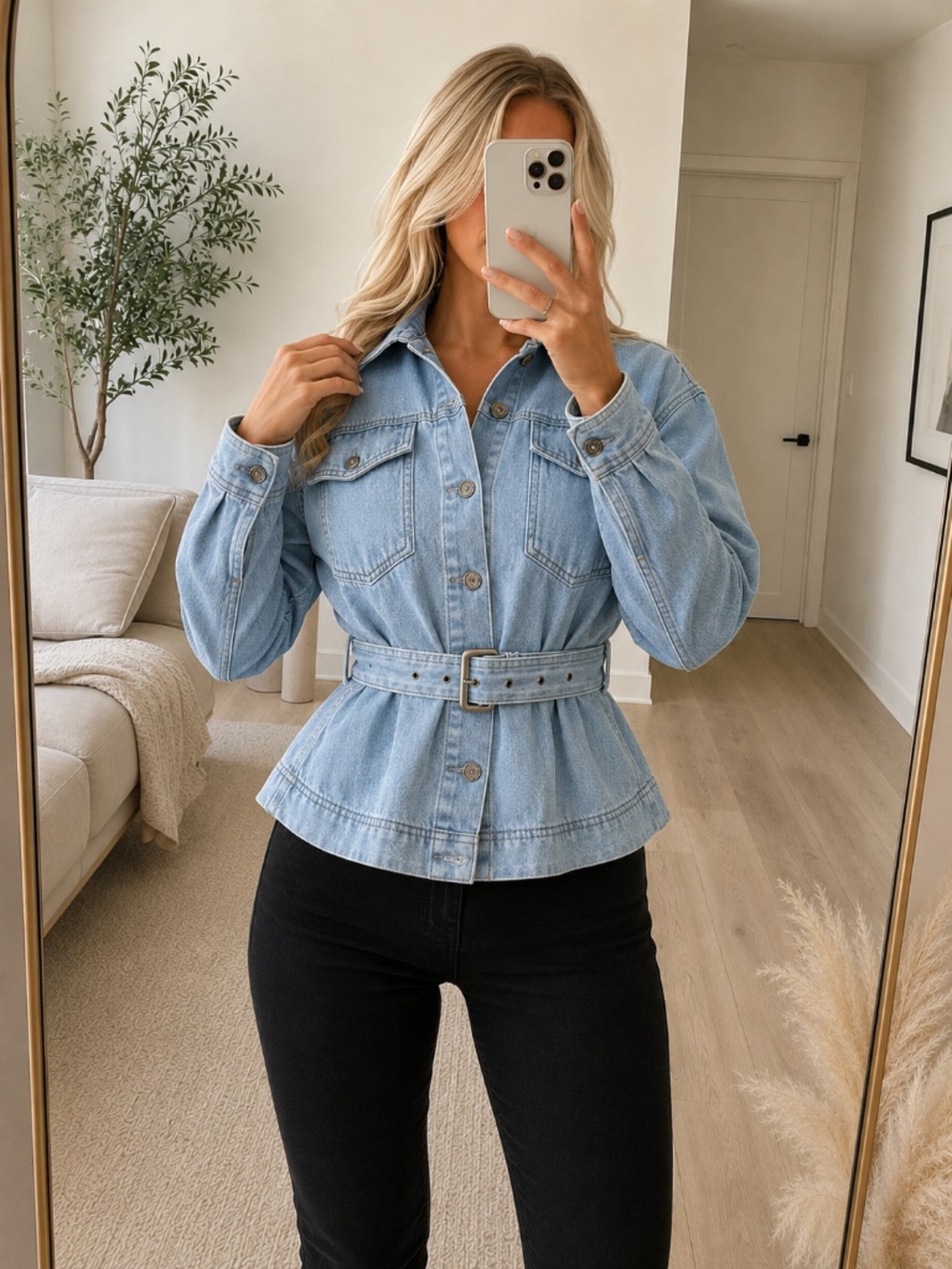 NWT Light Wash Peplum Denim Jacket Attached Belt Large